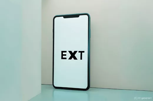 Ein Smartphone lehnt an einer petrolfarbenen Wand. Auf dem Bildschirm steht in schwarzer Schrift auf weißem Hintergrund das Wort „EXT“