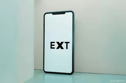 Ein Smartphone lehnt an einer petrolfarbenen Wand. Auf dem Bildschirm steht in schwarzer Schrift auf weißem Hintergrund das Wort „EXT“