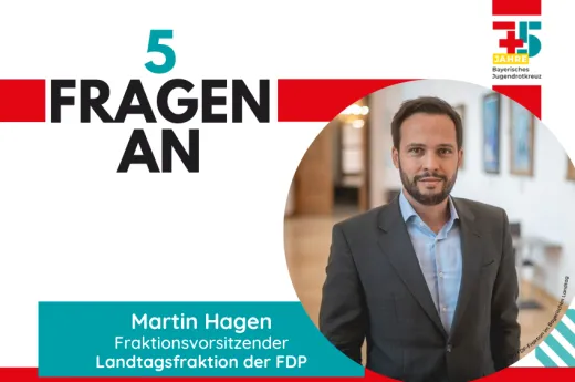 Der Fraktionsvorsitzende der FDP Martin Hagen beantwortet 5 Fragen zum JRK Eine Kachel auf der ist FDP-Fraktionsvorsitzender Martin Hagen zu sehen