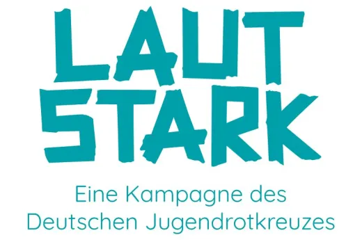 Das bild zeigt as Logo der JRK-Lautstark-Kampagne in petrol auf weißem Grund. Darunter steht der Claim: "Eine Kampagne des Deutschen Jugendrotkreuzes""