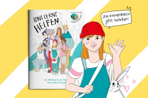 Werbekachel für das JRK-Bayern Kinderbuch "Loni lernt helfen"