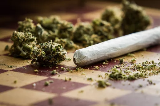 Das Bild zeigt einen Joint und Cannabis-Blüten, die auf einem braun-beigen Schachbrett liegen.