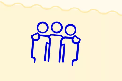 Das Bild zeigt die stilisierten Umrisse von 3 Personen, die sich an den Schultern halten.