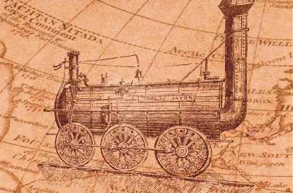 Das Bild zeigt eine historische Zeichung eine Dampflok.