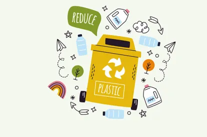 Das Bild zeigte eine illustrierte, gelbe Mülltonne mit der Aufschrift "Plastik". Darüber befindet sich eine grüne Sprechblase mit dem Wort "reduse" darin."