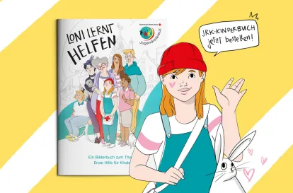 Werbekachel für das JRK-Bayern Kinderbuch "Loni lernt helfen"