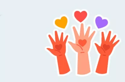 Das Bild zeigt 3 stilisierte aufzeigende, geöffenete Hände auf hellblauem einfarbigen Grund. Auf den Handflächen ist je ein Herz zu erkennen. Über den Händen befinden sich ebenfalls 3 Herzen in gelb, rot und violett.