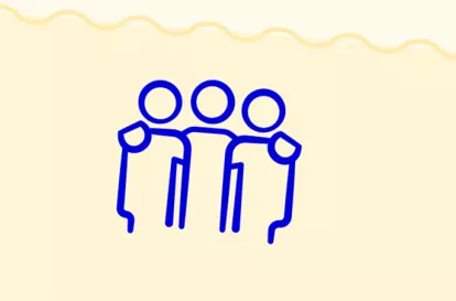 Das Bild zeigt die stilisierten Umrisse von 3 Personen, die sich an den Schultern halten.