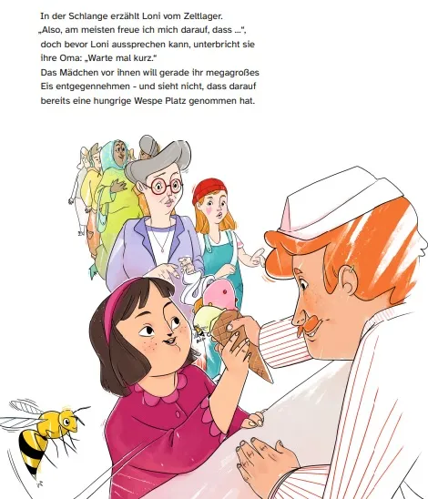 Eine beispielhafte Musterseite aus dem JRK-Bayern Kinderbuch mit einem Mädchen, deren Eis sich eine Wespe nähert