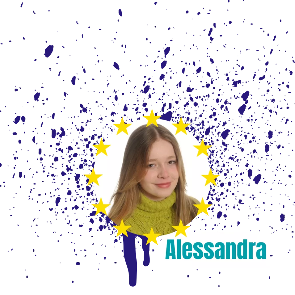 Das Bild zeigt ein Portrait von Alessandra Krieger. Das Bild ist rund ausgeschnitten und wird von den Europa-Sternen eingerahmt. Im Hintergrund erkennt man blaue Graffiti-Spritzer.