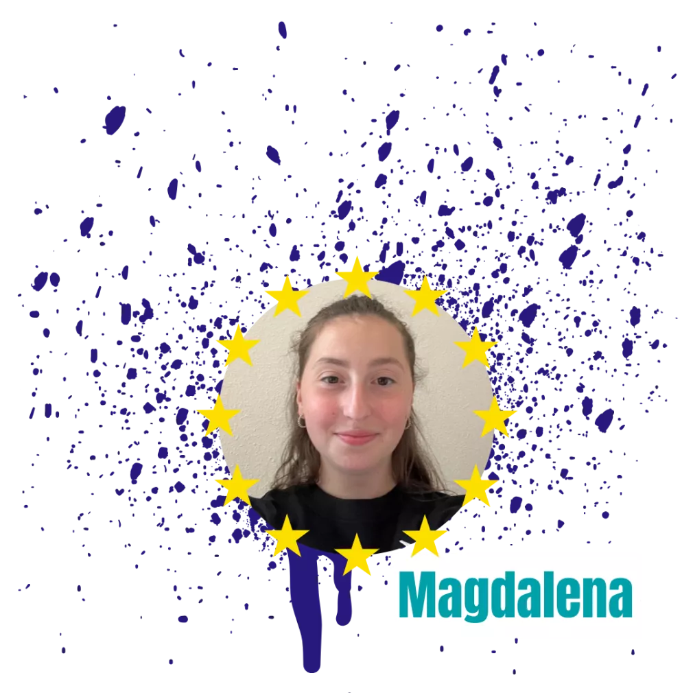 Das Bild zeigt ein Portrait von Magdalena Süß. Das Bild ist rund ausgeschnitten und wird von den Europa-Sternen eingerahmt. Im Hintergrund erkennt man blaue Graffiti-Spritzer.