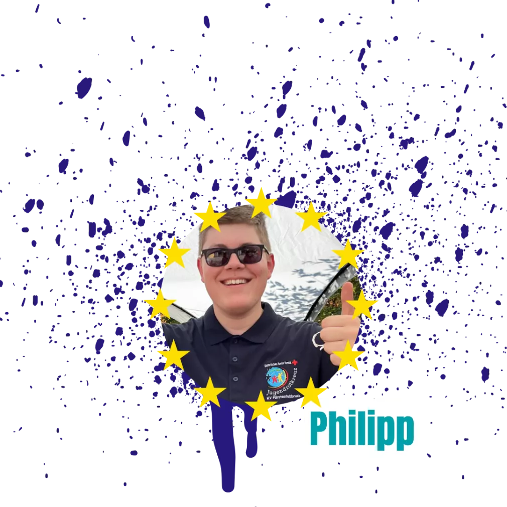 Das Bild zeigt ein Portrait von Philipp Zimmermann. Das Bild ist rund ausgeschnitten und wird von den Europa-Sternen eingerahmt. Im Hintergrund erkennt man blaue Graffiti-Spritzer.